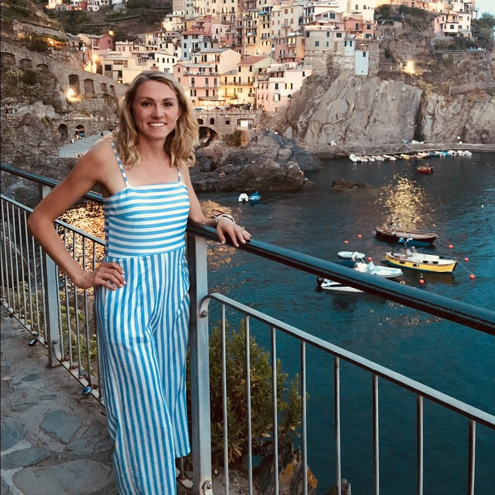Blue & white striped jumpsuit